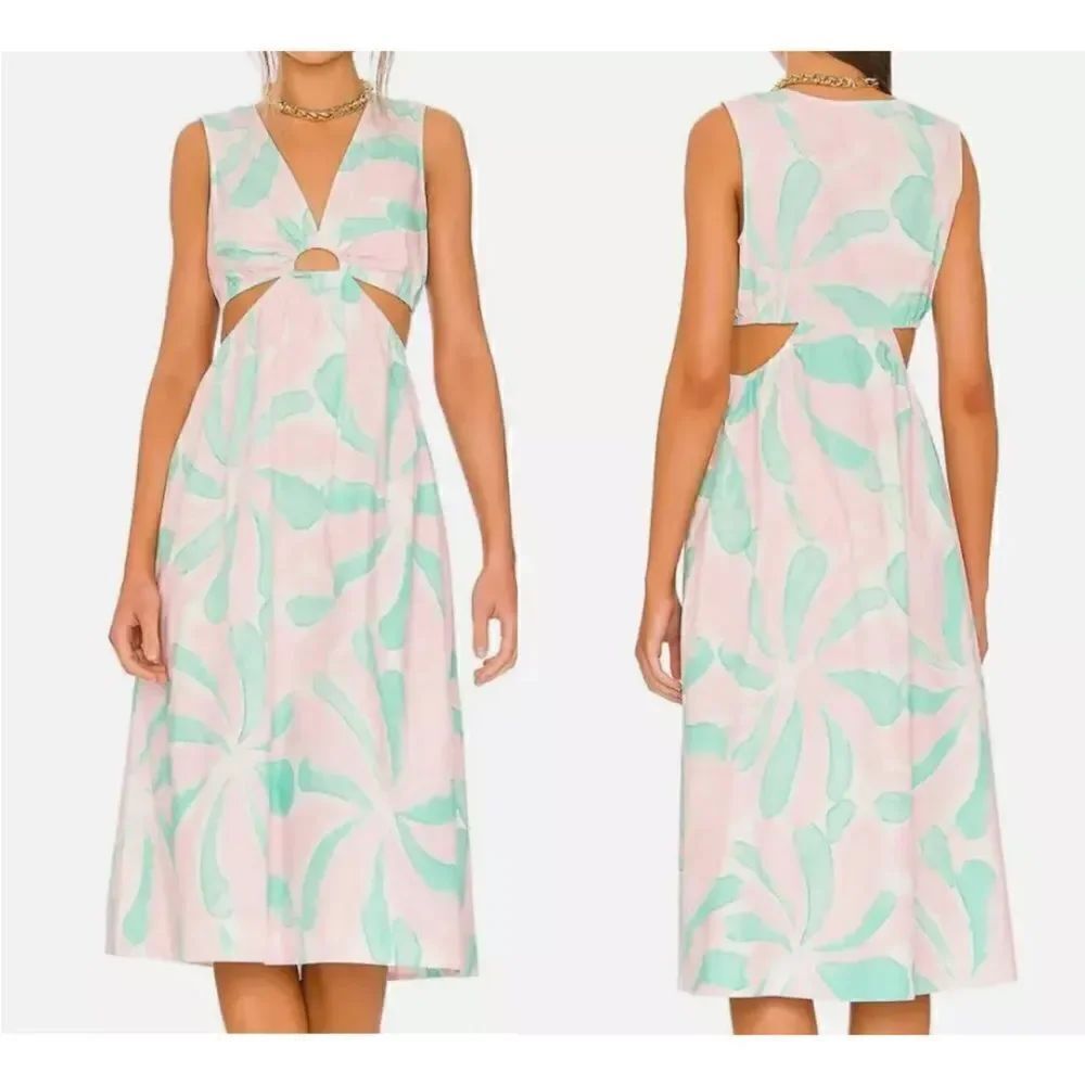 Rails Rizo Midi Dress Side Cutout Sleeveless V-Neck Front D-Ring Candy $228